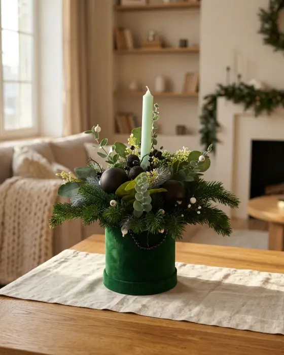 Cutie de catifea verde cu lumânare verde mentă, globuri negre și eucalipt